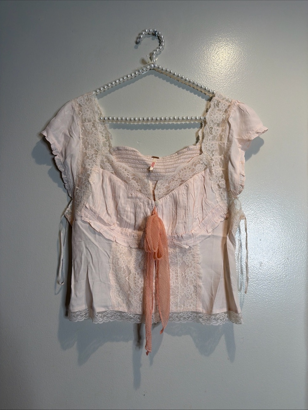 Free People Arlo Lace Tie Front Vintage Cute Romantic Top L - Picture 4 of 7